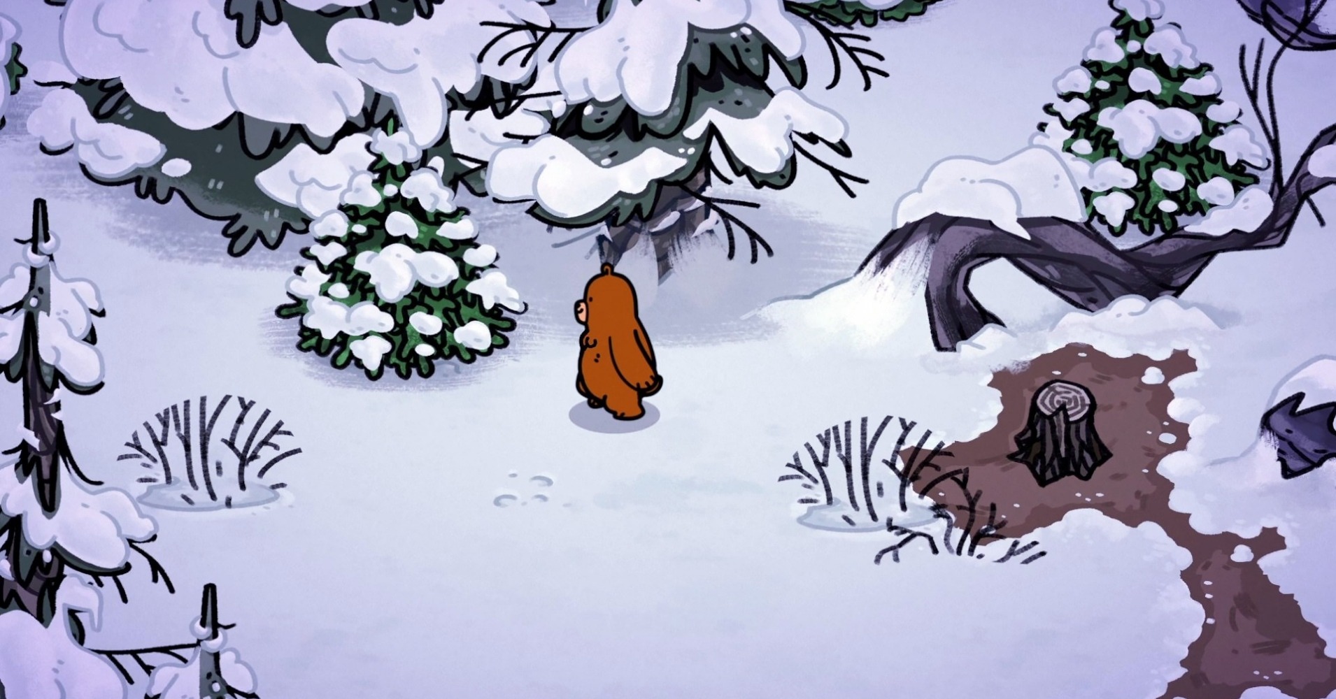 Bear and Breakfast Hank walking through snowy forest